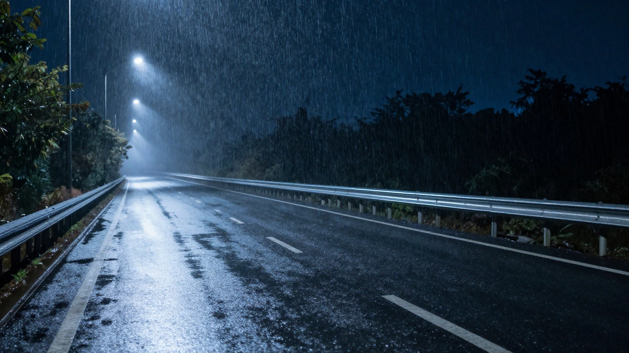 Автомобиль на ночном дождливом шоссе с разным спектром освещения дороги