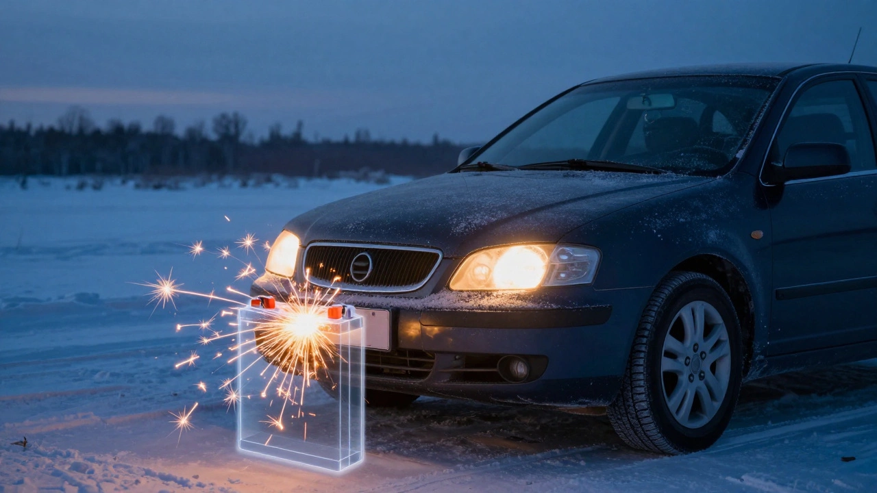 Автомобиль в зимнем морозном пейзаже, символизирующий уверенный запуск двигателя