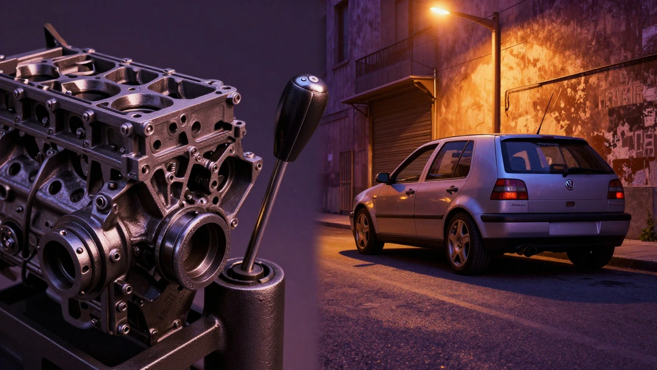 Коллаж: детали мощного двигателя и скромный Volkswagen Golf в городе