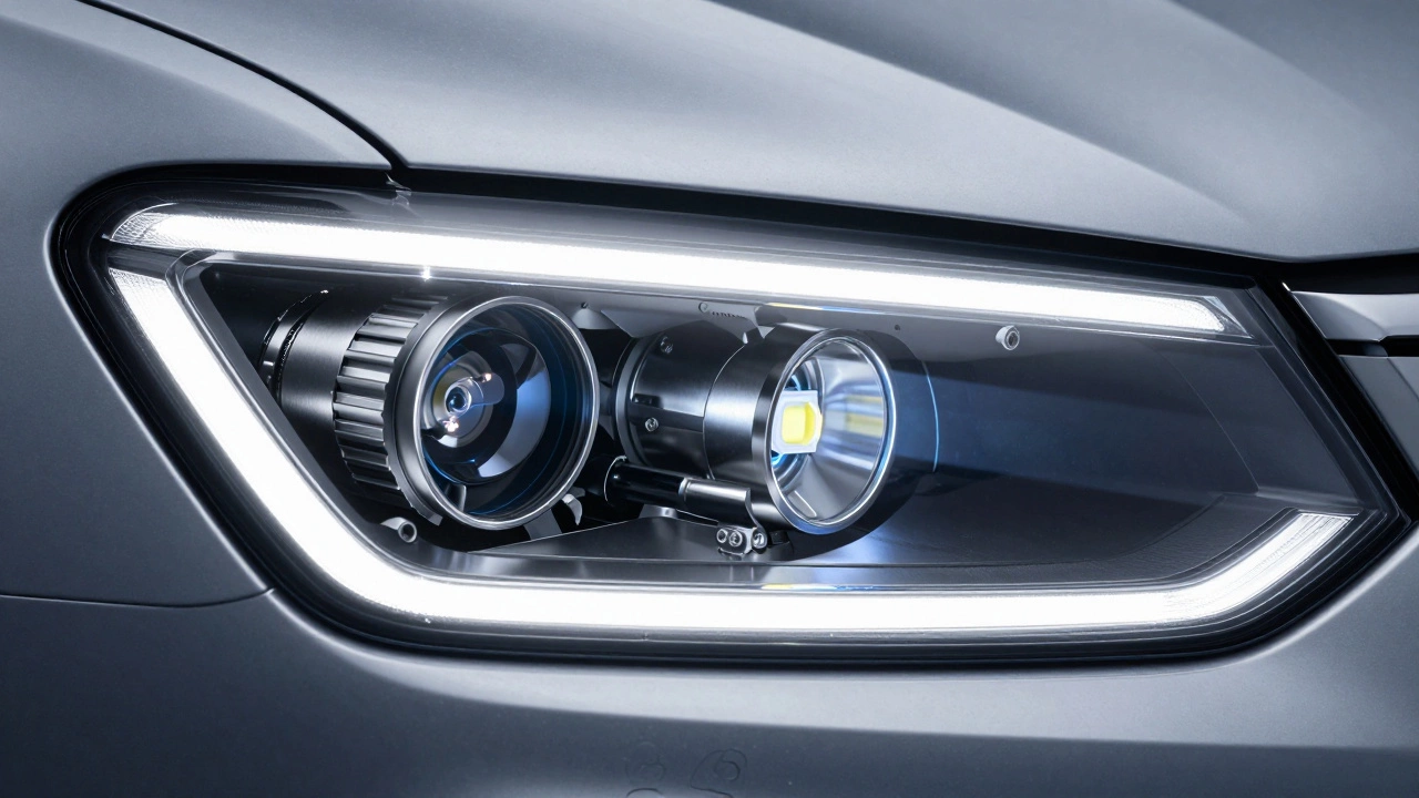 Макроснимок современной автомобильной фары с Bi-LED линзой