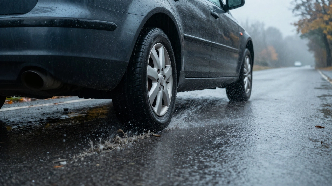 Машина тормозит на мокрой дороге со слякотью, демонстрируя недостаток сцепления
