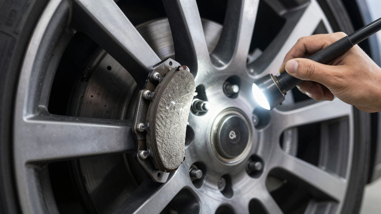 Механик проверяет износ тормозных колодок через спицы колеса