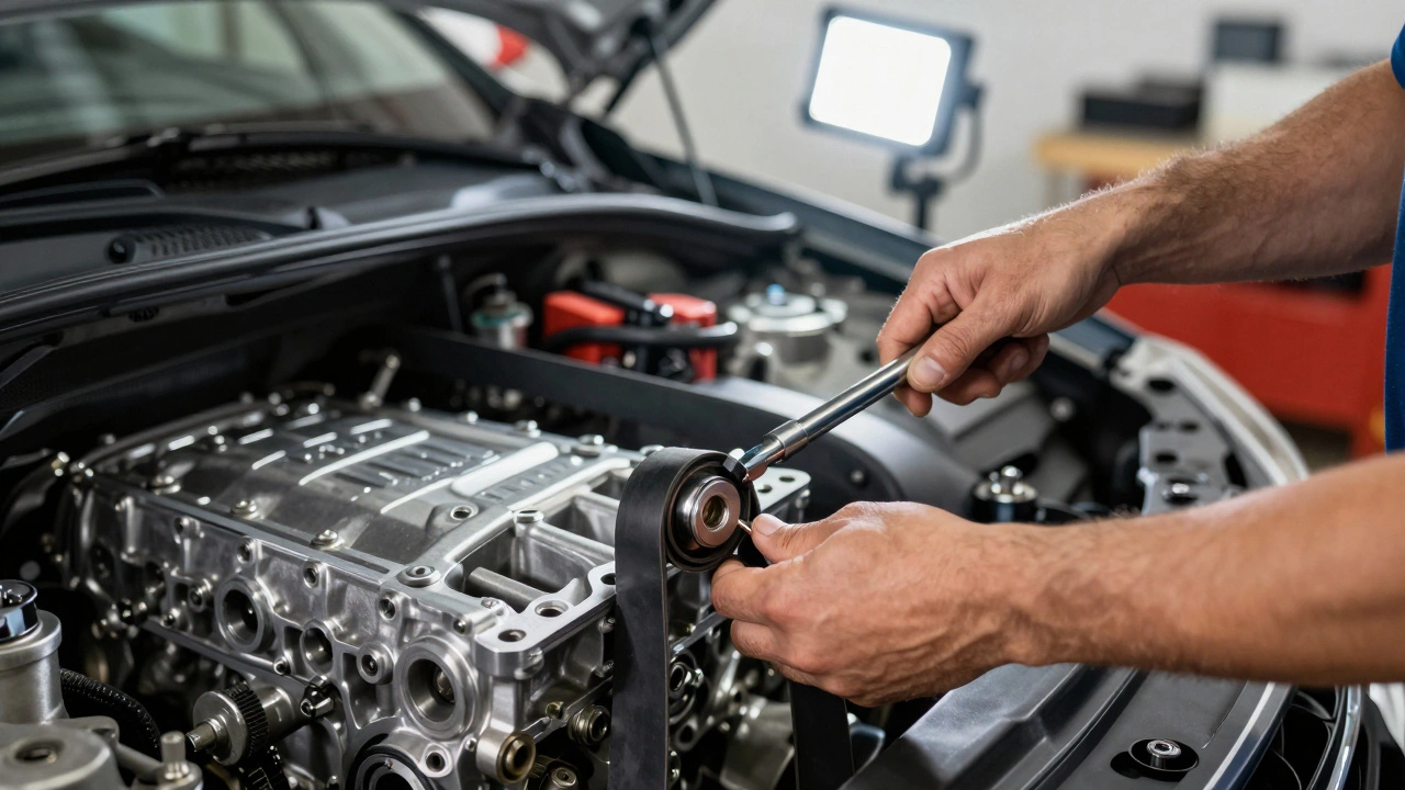 Механик затягивает натяжной ролик ГРМ с помощью динамометрического ключа