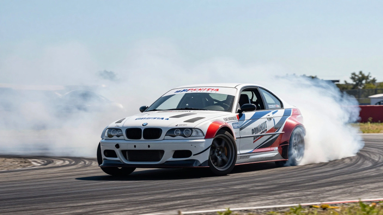 Модифицированная BMW E46 в дрифте на гоночном треке в дыму