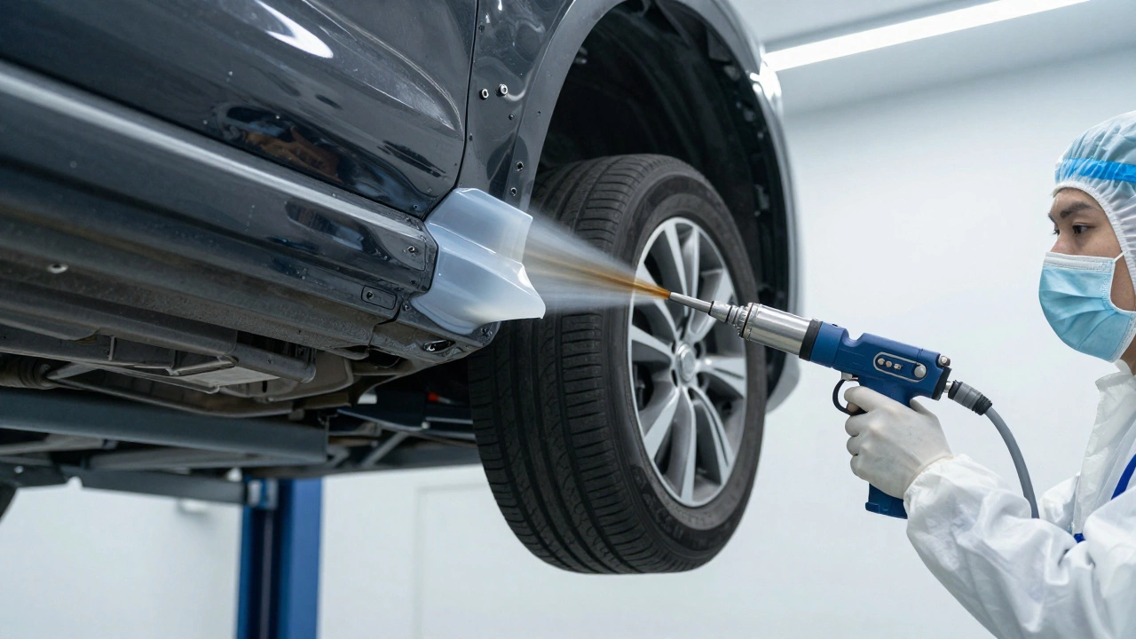 Нанесение антикоррозийного состава в скрытые полости кузова на подъемнике