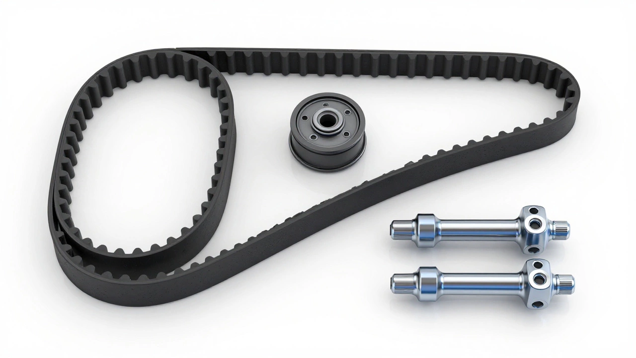 Полный комплект ГРМ: новый ремень, натяжной и обводные ролики на белом фоне