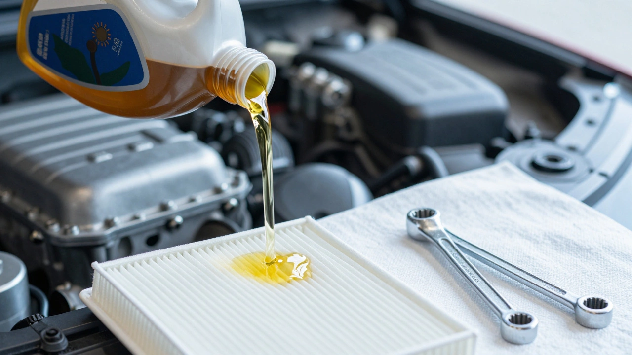 Процесс заливки чистого моторного масла в двигатель автомобиля