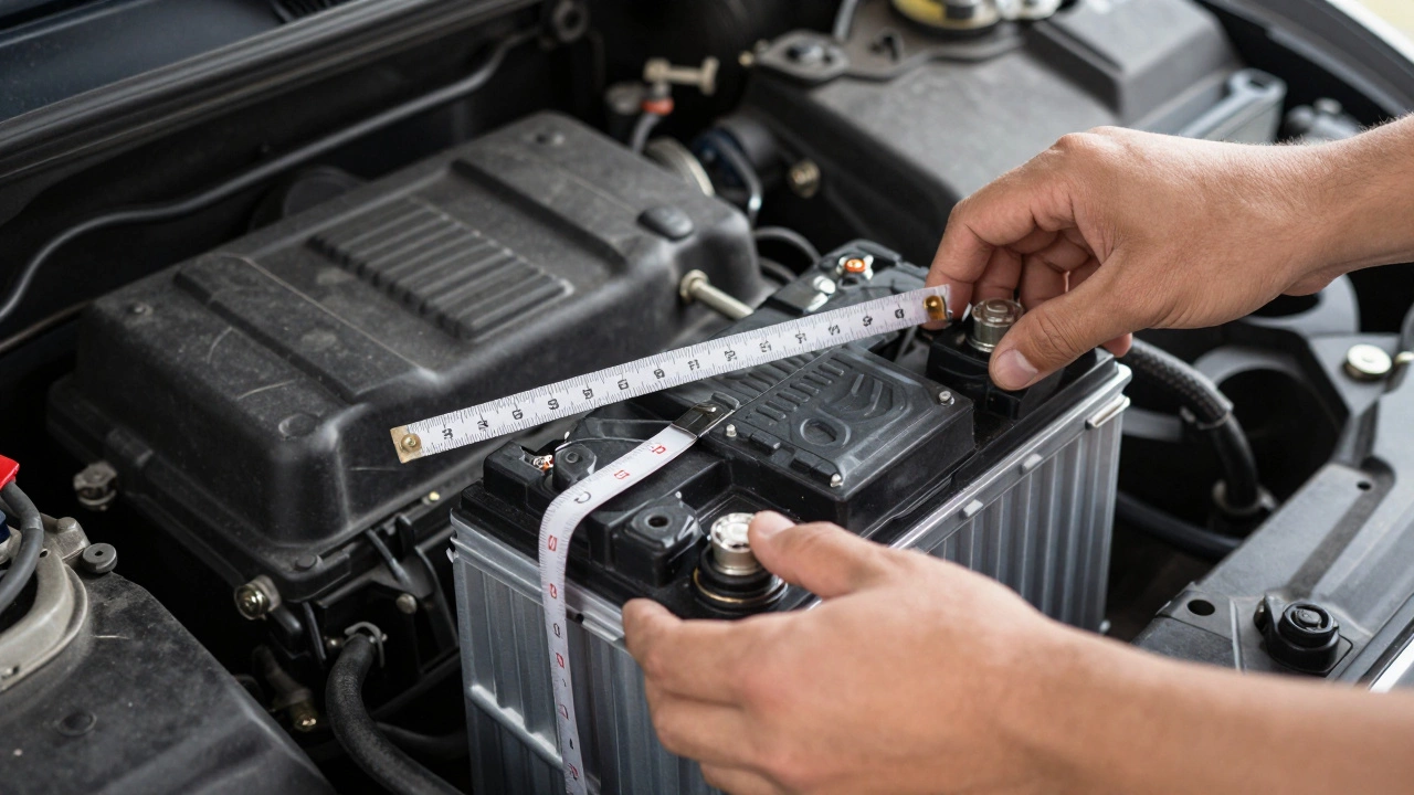 Процесс замера габаритов аккумуляторного отсека автомобиля при замене батареи
