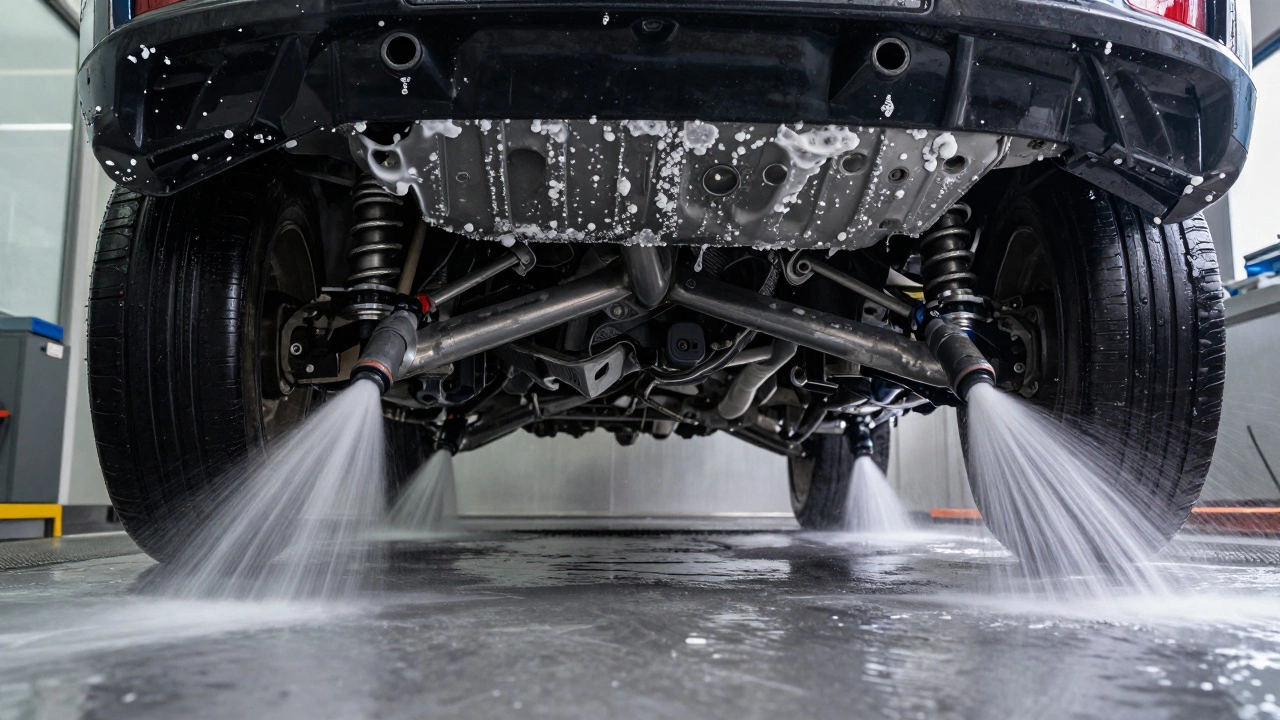 Промывка днища и колесных арок автомобиля на мойке под высоким давлением