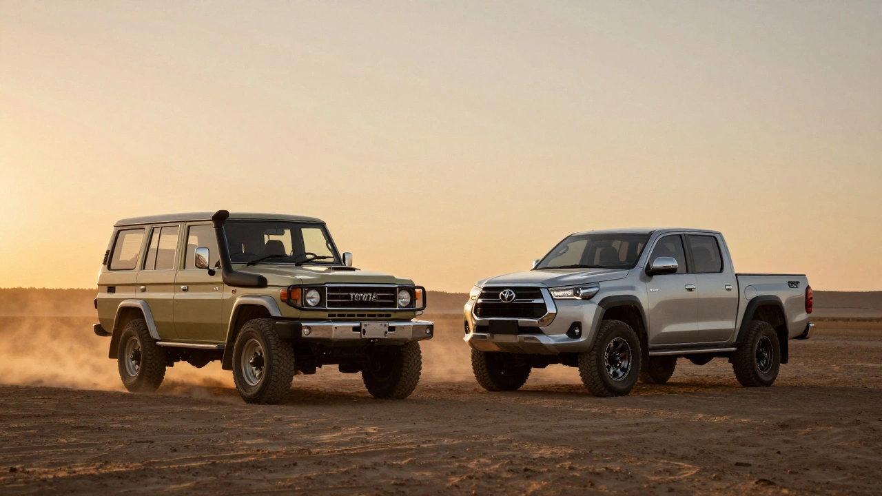Тойота Ленд Крузер и Хайлюкс на пыльном плато в лучах заходящего солнца