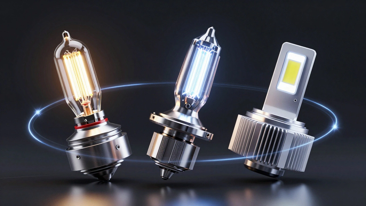 Три технологии автосвета: галоген, ксенон и светодиод в футуристическом стиле