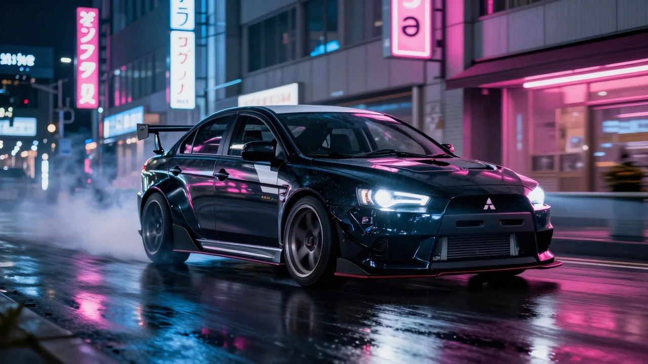 Тюнингованный Mitsubishi Lancer Evolution дрейфует ночью