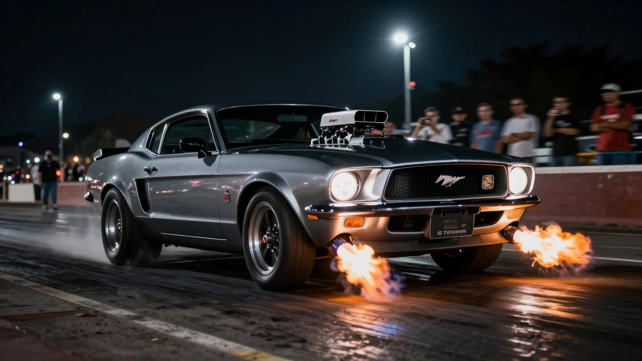 Ford Mustang GT разгоняется на треке ночью с пламенем из выхлопа