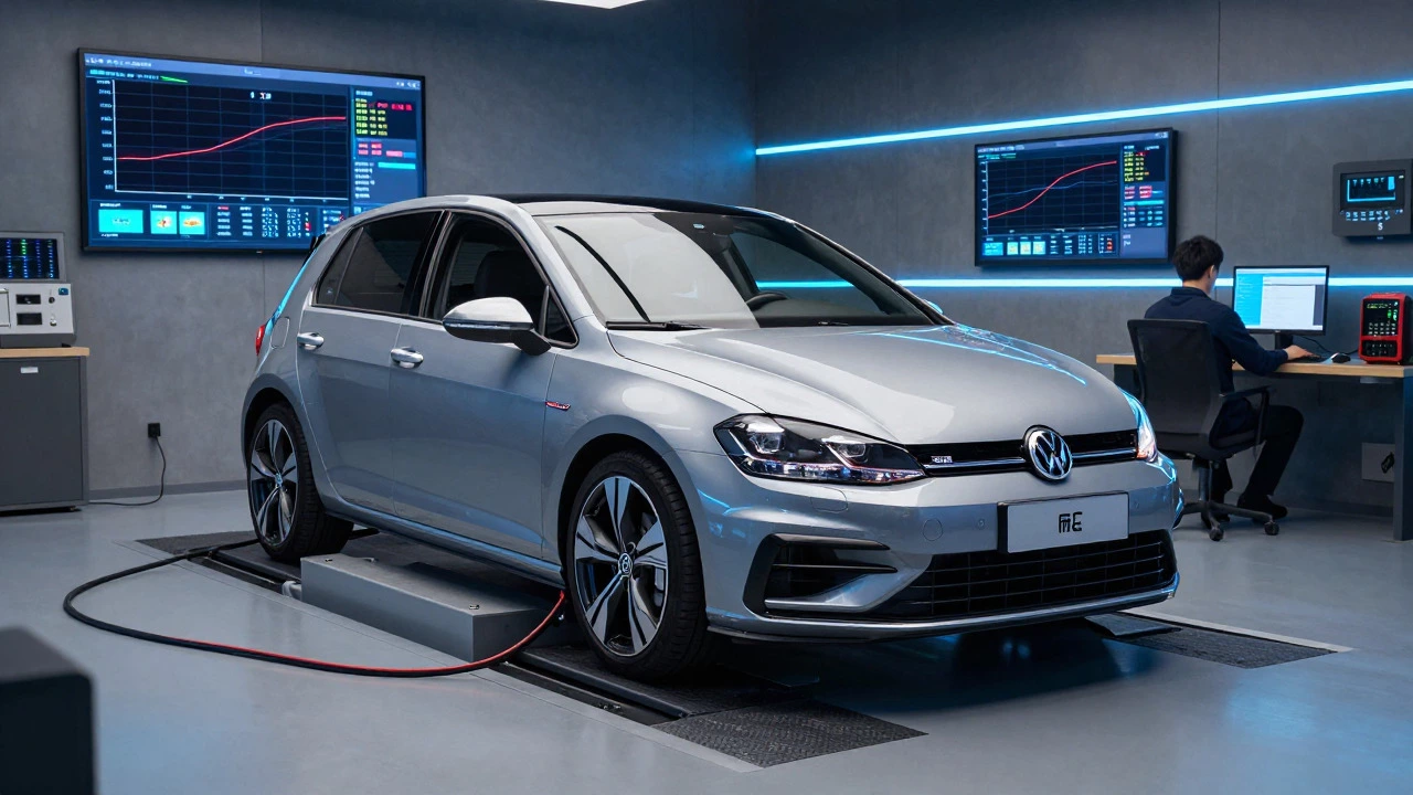 Volkswagen Golf R на стенде для диагностики и чип-тюнинга