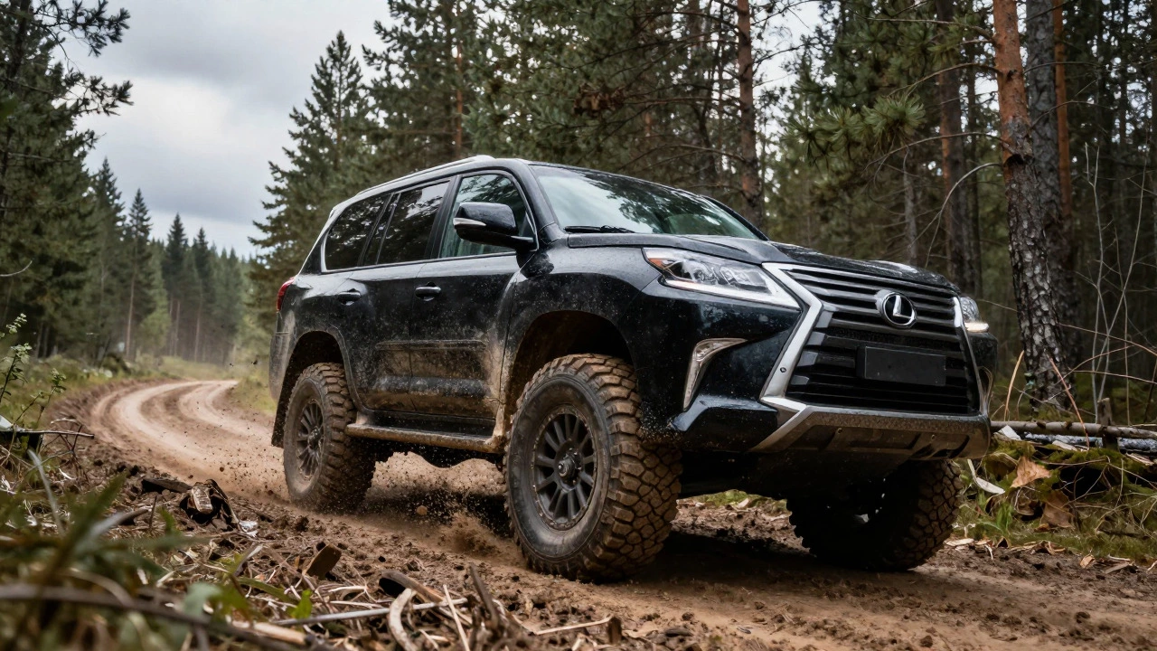 Черный внедорожник Lexus LX едет по грязной лесной дороге