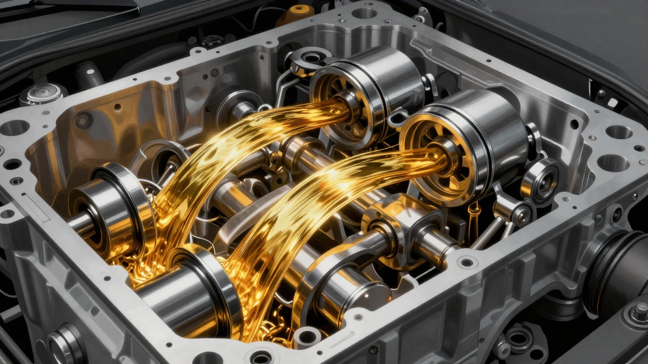 Cutaway view showing oil flowing inside a car engine