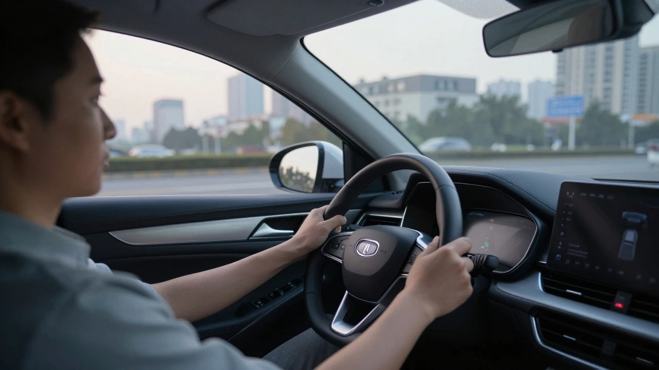 Driver accelerating smoothly in a city car after service