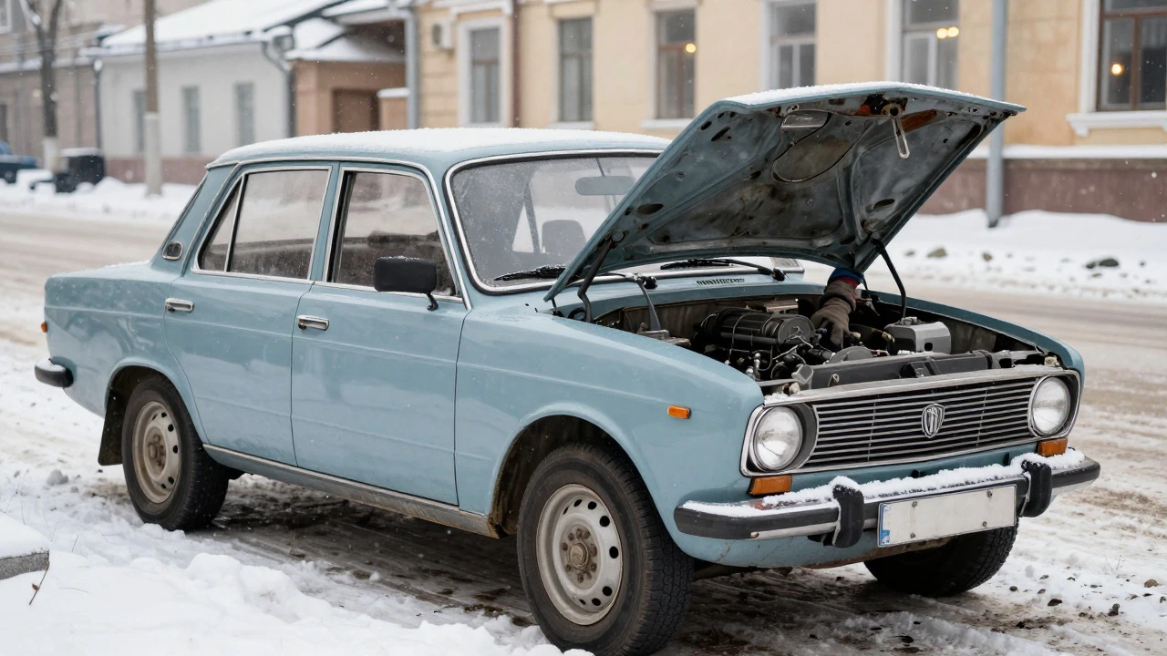 Mechanic inspecting a car engine on a snowy winter street